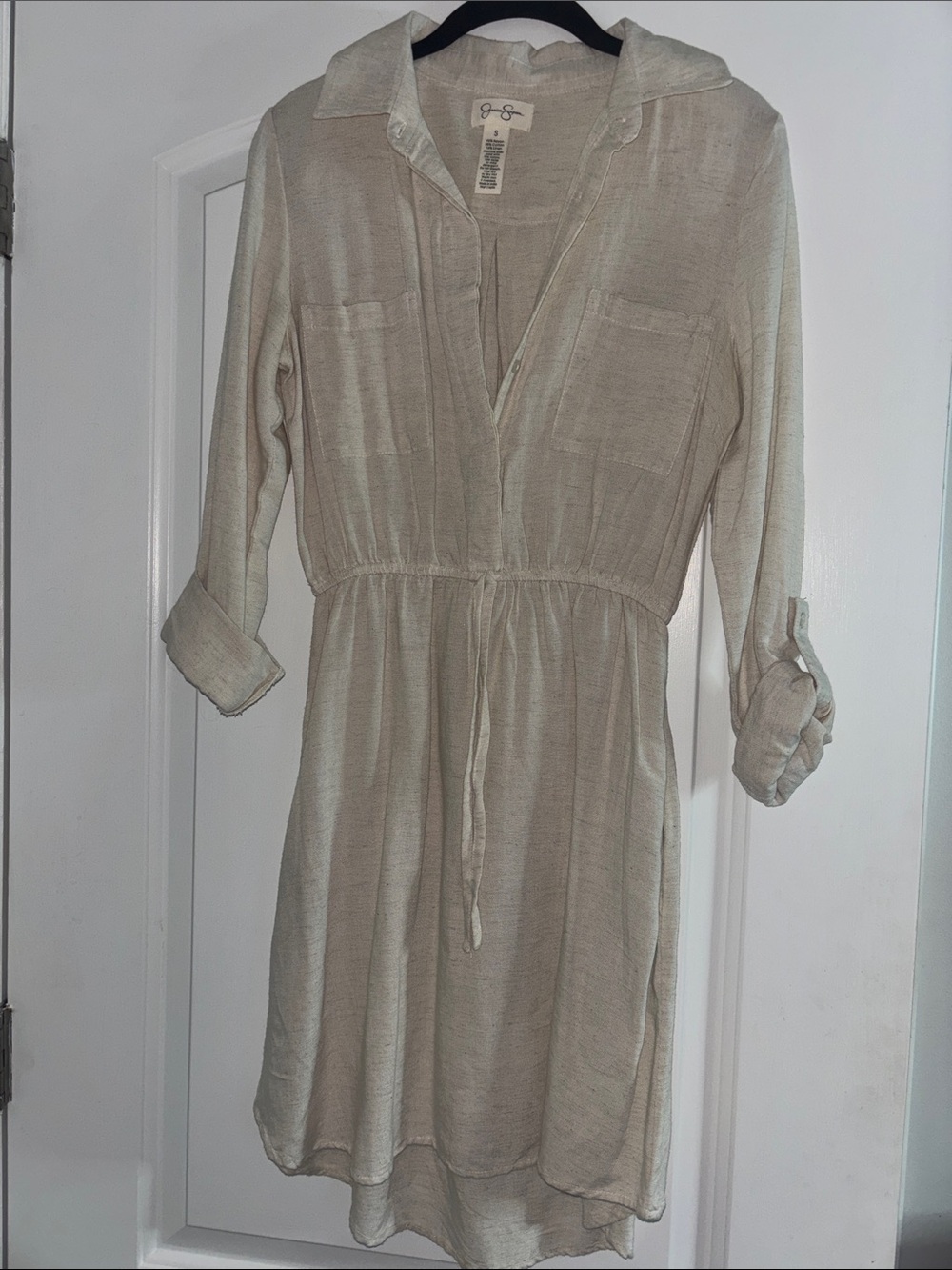 Light Cream Long-Sleeve Shirt Dress with Drawstring Waist